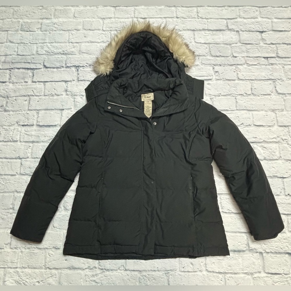 L.L. Bean Black Puffer Coat with Faux Fur Hood